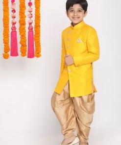 VASTRAMAY Boys Mustard And Rose Gold Indowestern Set