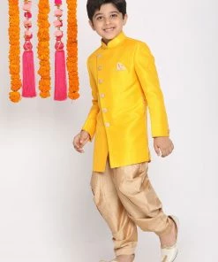 VASTRAMAY Boys Mustard And Rose Gold Indowestern Set