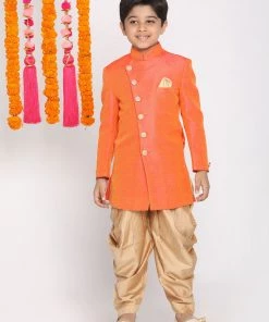 VASTRAMAY Boys Orange And Rose Gold Indowestern Set