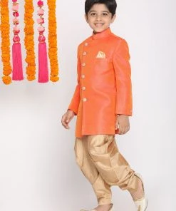 VASTRAMAY Boys Orange And Rose Gold Indowestern Set