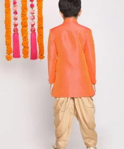 VASTRAMAY Boys Orange And Rose Gold Indowestern Set