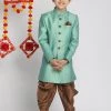 VASTRAMAY Boys Green Indo Western Jacquard Sherwani And Dhoti Pant Set 2 VASTRAMAY Boys Green Indo Western Jacquard Sherwani And Dhoti Pant Set