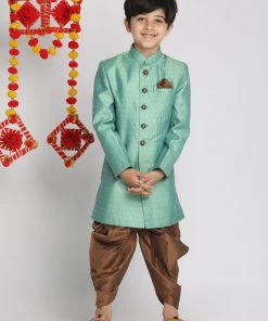 VASTRAMAY Boys Green Indo Western Jacquard Sherwani And Dhoti Pant Set