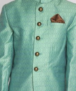 VASTRAMAY Boys Green Indo Western Jacquard Sherwani And Dhoti Pant Set