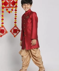 VASTRAMAY Boys Maroon Indo Western Jacquard Sherwani And Dhoti Pant Set