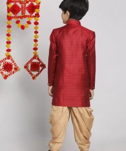 VASTRAMAY Boys Maroon Indo Western Jacquard Sherwani And Dhoti Pant Set