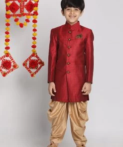 VASTRAMAY Boys Maroon Indo Western Jacquard Sherwani And Dhoti Pant Set