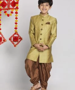 VASTRAMAY Boys Yellow Indo Western Jacquard Sherwani And Dhoti Pant Set