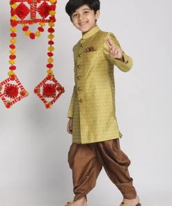VASTRAMAY Boys Yellow Indo Western Jacquard Sherwani And Dhoti Pant Set