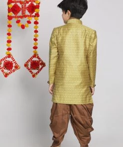VASTRAMAY Boys Yellow Indo Western Jacquard Sherwani And Dhoti Pant Set