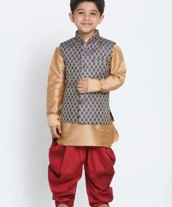 VASTRAMAY Boys Rose Gold And Maroon Woven Kurta Set With Brocade Nehru Jacket
