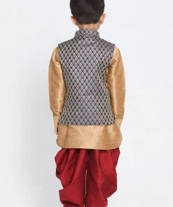 VASTRAMAY Boys Rose Gold And Maroon Woven Kurta Set With Brocade Nehru Jacket