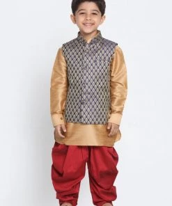 Vastramay Silk Blend Rose Gold And Navy Blue Baap Beta Jacket Dhoti Kurta Set