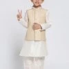 VASTRAMAY Boys Beige Cotton Silk Blend Kurta, Waistcoat And Pyjama Set