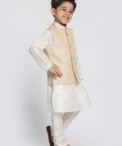 VASTRAMAY Boys Beige Cotton Silk Blend Kurta, Waistcoat And Pyjama Set