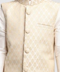 VASTRAMAY Boys Beige Cotton Silk Blend Kurta, Waistcoat And Pyjama Set