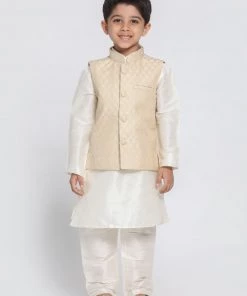 VASTRAMAY Boys Beige Cotton Silk Blend Kurta, Waistcoat And Pyjama Set