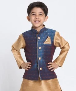 Vastramay Silk Blend Blue And Rose Gold Baap Beta Ethnic Jacket