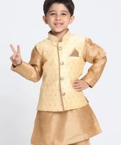 VASTRAMAY Boys Gold Silk Blend Nehru Jacket