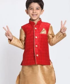 VASTRAMAY Boys Maroon Woven Design Nehru Jacket