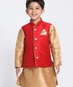 Vastramay Silk Blend Maroon And Rose Gold Baap Beta Ethnic Jacket