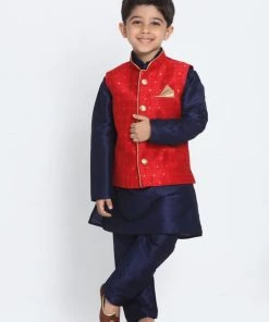 VASTRAMAY Boys Maroon Silk Blend Nehru Jacket With Navy Blue Kurta And Pyjama Set