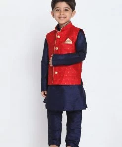 VASTRAMAY Boys Maroon Silk Blend Nehru Jacket With Navy Blue Kurta And Pyjama Set
