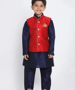 Vastramay Silk Blend Maroon And Navy Blue Baap Beta Jacket Kurta Pyjama Set