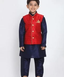 VASTRAMAY Boys Maroon Silk Blend Nehru Jacket With Navy Blue Kurta And Pyjama Set