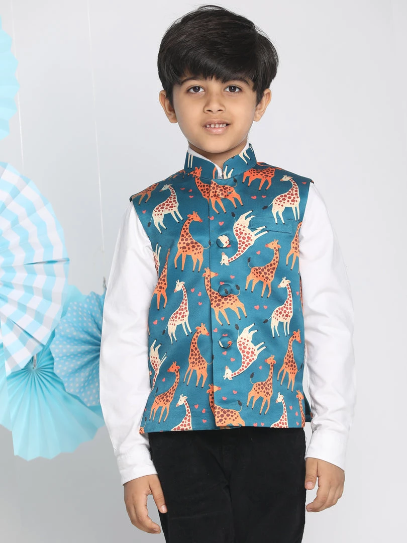 VASTRAMAY Boys Multicolor-Base-Turquoise Nehru Jacket 3 VASTRAMAY Boys Multicolor-Base-Turquoise Nehru Jacket