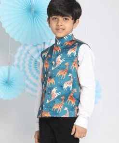 VASTRAMAY Boys Multicolor-Base-Turquoise Nehru Jacket