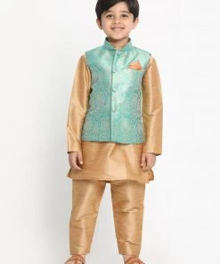 VASTRAMAY Boys Green Silk Blend Kurta, Ethnic Jacket And Pyjama Set