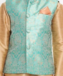 VASTRAMAY Boys Green Silk Blend Kurta, Ethnic Jacket And Pyjama Set