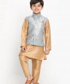Vastramay Boys Grey Silk Blend Kurta, Ethnic Jacket And Pyjama Set