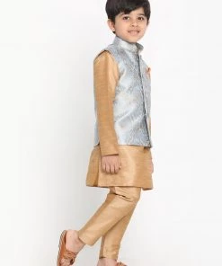Vastramay Boys Grey Silk Blend Kurta, Ethnic Jacket And Pyjama Set