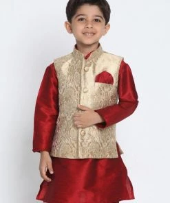 VASTRAMAY Boys Gold Cotton Silk Blend Nehru Jacket