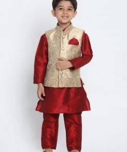 VASTRAMAY Boys Gold Cotton Silk Blend Nehru Jacket