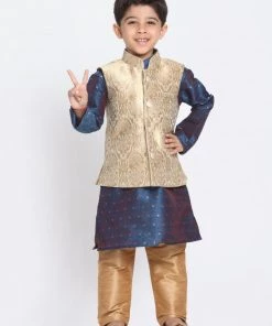 Vastramay Men & Boys Royal Blue Cotton Silk Nehru Jacket, Kutra Pyjama Set