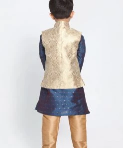 VASTRAMAY Boys Gold Cotton Silk Blend Kurta, Waistcoat And Pyjama Set