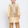 VASTRAMAY Boys Gold Cotton Silk Blend Kurta, Waistcoat And Pyjama Set