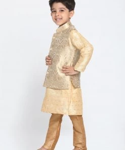 VASTRAMAY Boys Gold Cotton Silk Blend Kurta, Waistcoat And Pyjama Set