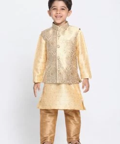 VASTRAMAY Boys Gold Cotton Silk Blend Kurta, Waistcoat And Pyjama Set