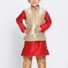 VASTRAMAY Boys Gold Cotton Silk Blend Kurta, Waistcoat And Pyjama Set