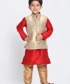 VASTRAMAY Boys Gold Cotton Silk Blend Kurta, Waistcoat And Pyjama Set