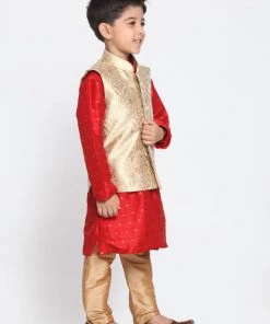 VASTRAMAY Boys Gold Cotton Silk Blend Kurta, Waistcoat And Pyjama Set