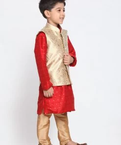 Vastramay Silk Blend Rose Gold And Maroon Baap Beta Jacket Kurta Pyjama Set