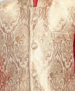 VASTRAMAY Boys Gold Cotton Silk Blend Kurta, Waistcoat And Pyjama Set