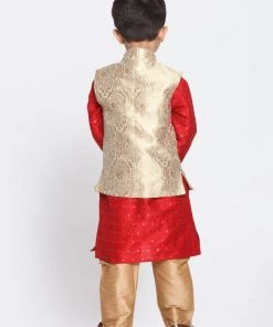 VASTRAMAY Boys Gold Cotton Silk Blend Kurta, Waistcoat And Pyjama Set