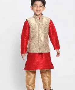 Vastramay Silk Blend Rose Gold And Maroon Baap Beta Jacket Kurta Pyjama Set