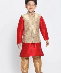 VASTRAMAY Boys Gold Cotton Silk Blend Kurta, Waistcoat And Pyjama Set
